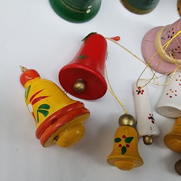Vintage Lot of 14  Wooden Christmas Bell Hanging Ornaments Set - Picture 7 of 8